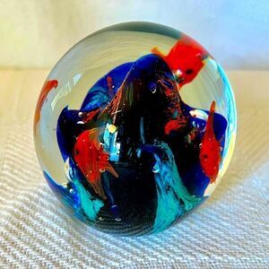 Vintage MCM Aquarium Paperweight Art Glass Goldfish Vibrant Blue Orange Coral.